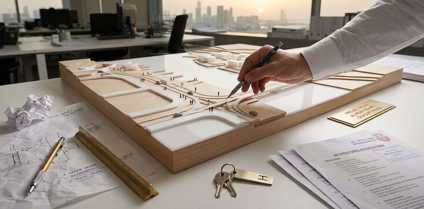 Architect reviewing a conceptual scale model and municipal specifications for an Abu Dhabi villa design project