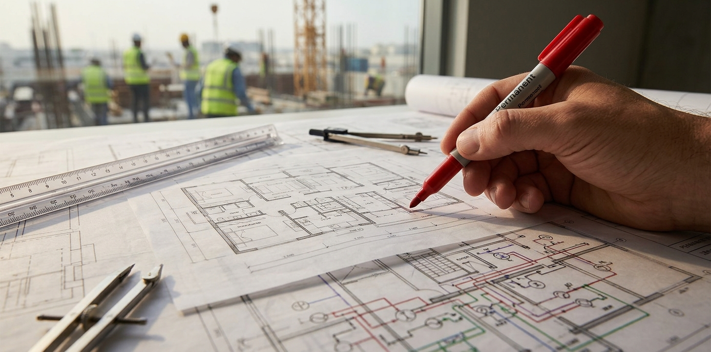 Detailed architectural and MEP floor plan drawings with drafting tools during a project cost breakdown