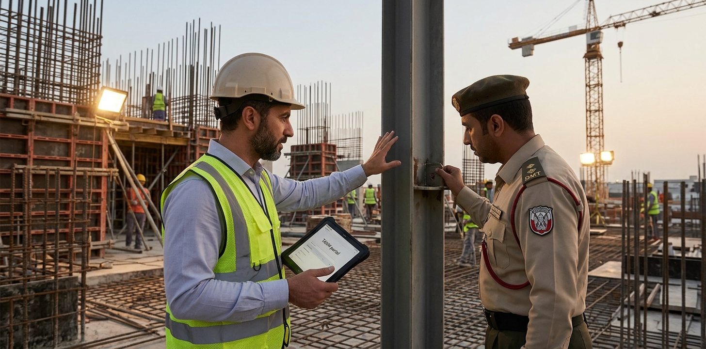 Consultant and engineer conducting site supervision and structural checks on an Abu Dhabi construction build