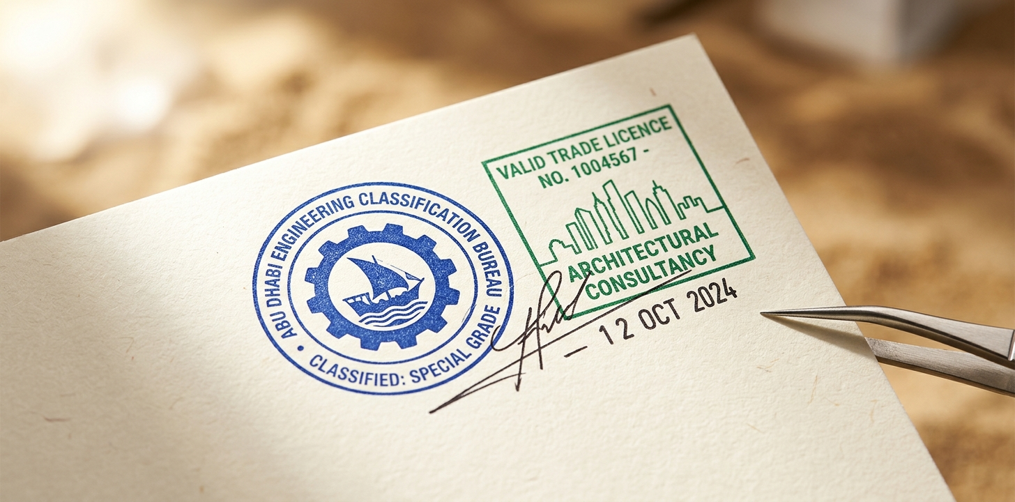 Official architectural consultancy trade licence and Abu Dhabi engineering classification bureau stamp on paperwork