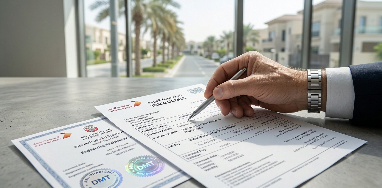 Close-up of a hand verifying a Dubai Municipality trade licence and engineering registration for UAE architecture compliance.