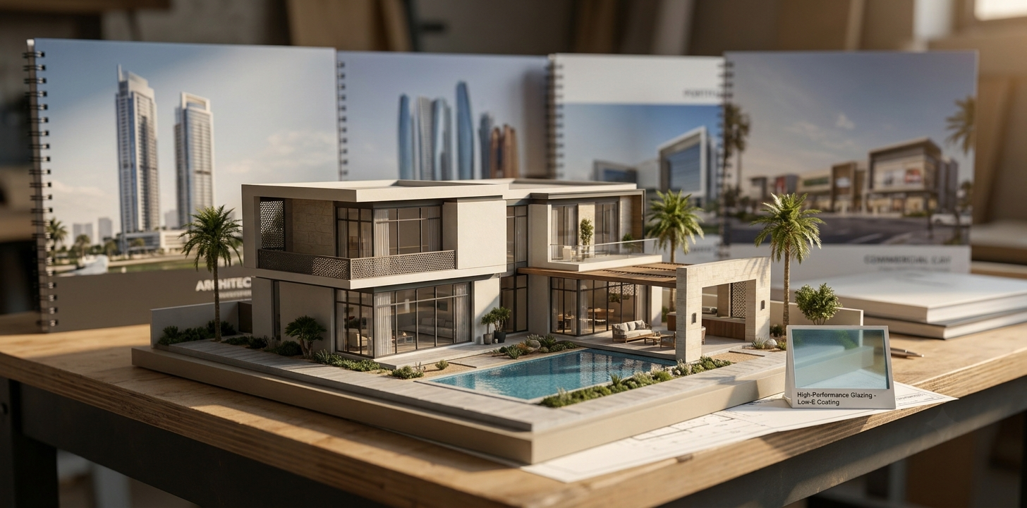 Physical architectural model of a modern UAE villa on a workbench surrounded by high-rise portfolios, illustrating relevant project experience.