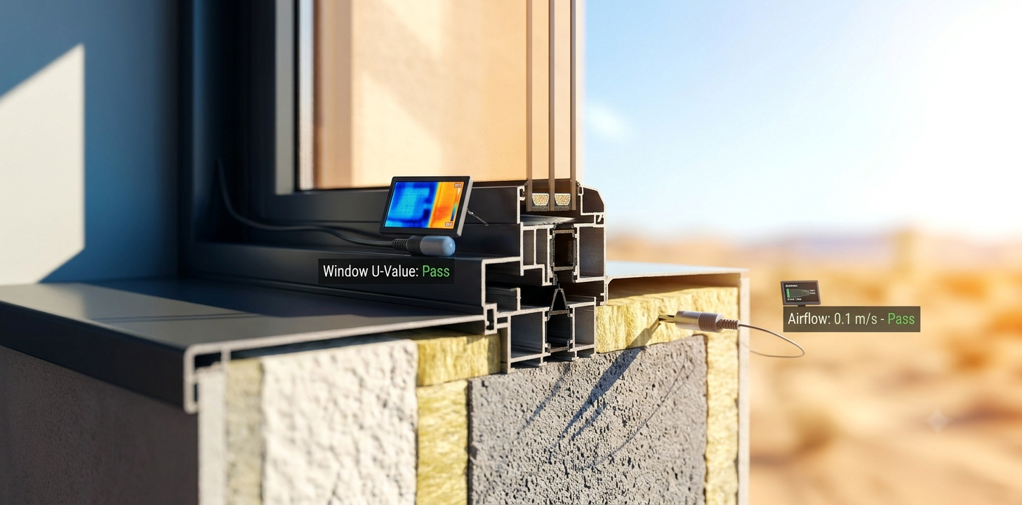 Macro technical view of high-performance window glazing and insulation showing U-value testing and climate control for UAE heat.