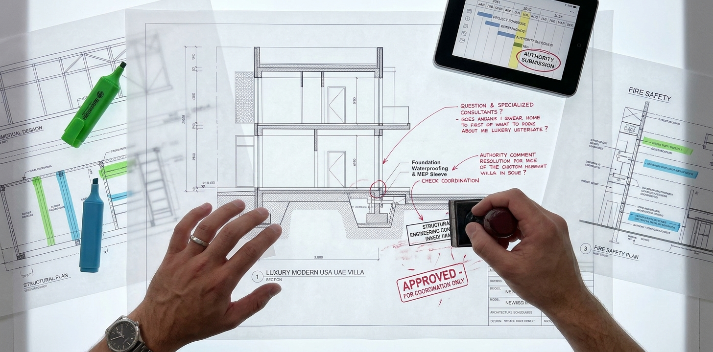 Architectural section drawings of a luxury UAE villa with red pen annotations and an approval stamp for consultant coordination.