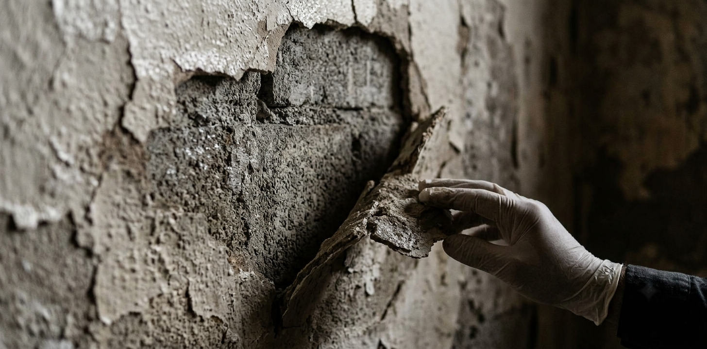 Close-up of crumbling plaster and damp wall damage during an older property inspection in Sharjah   