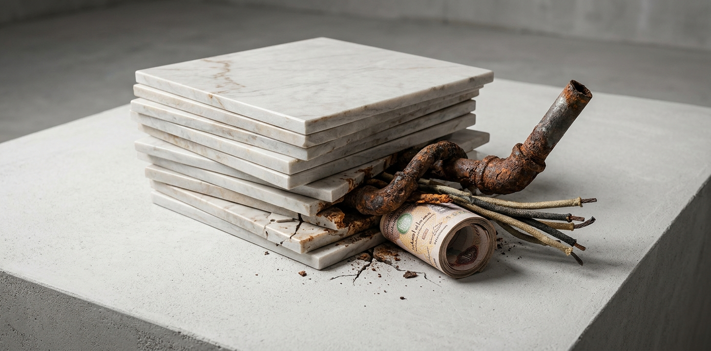 Conceptual image showing a rusty pipe and currency breaking through a stack of luxury tiles to represent renovation contingency budgets