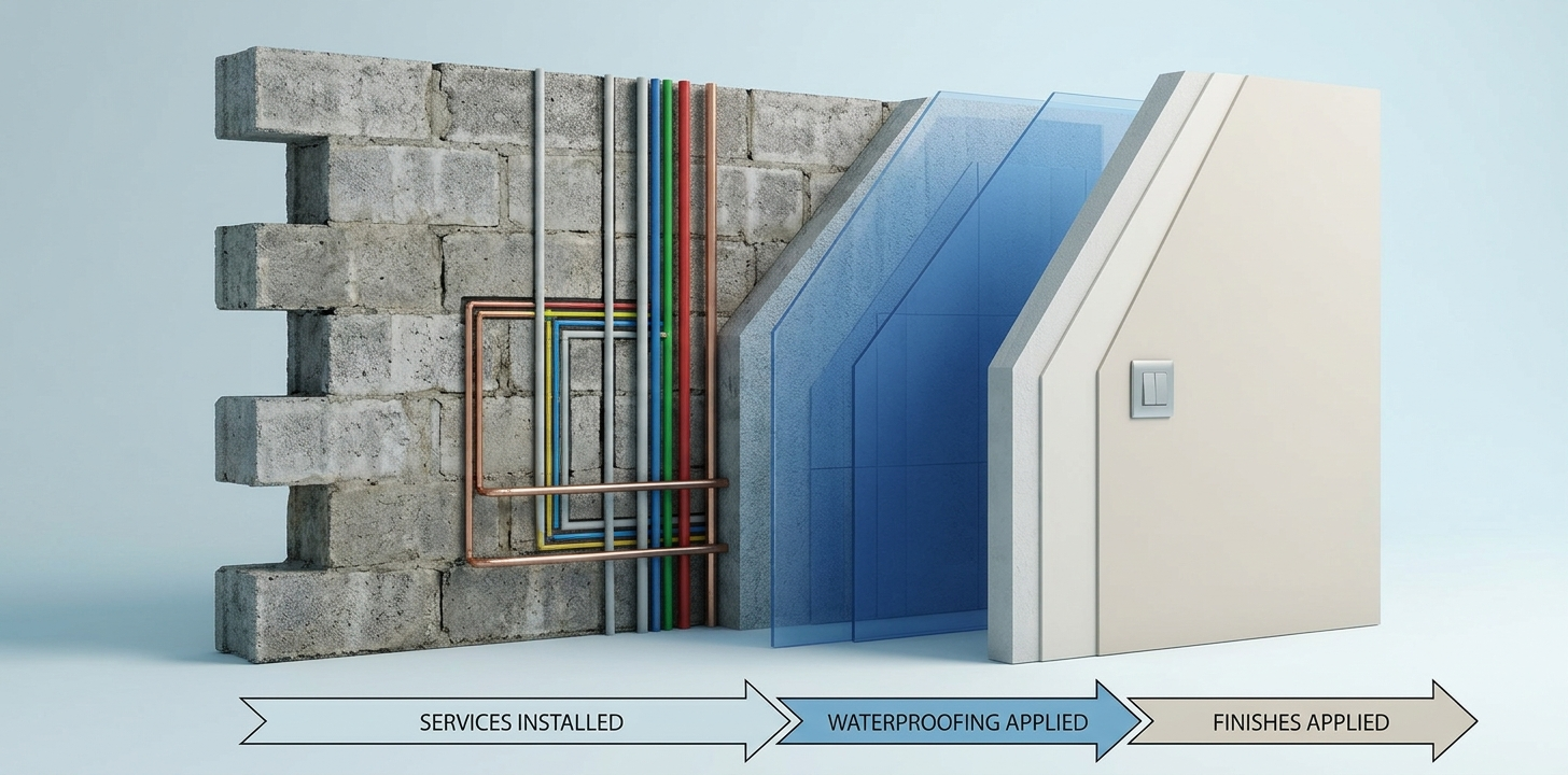 Technical cutaway diagram illustrating the correct sequence of wall renovation layers from services to waterproofing and finishes