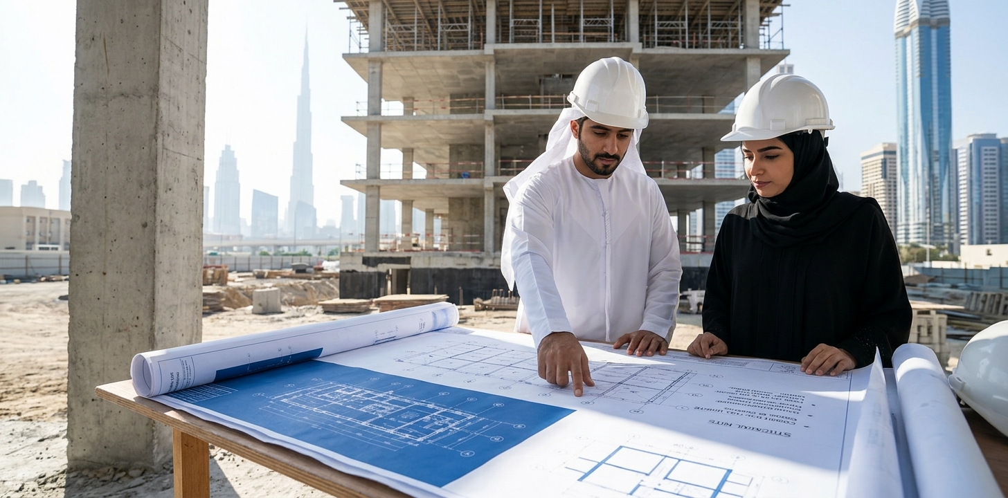 Architectural engineer reviewing structural floor plan blueprints on a Dubai construction site