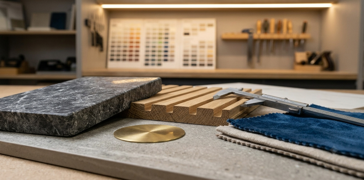 Interior design flatlay showing luxury marble sample, wood slatted panel, brass hardware, and velvet fabric swatches