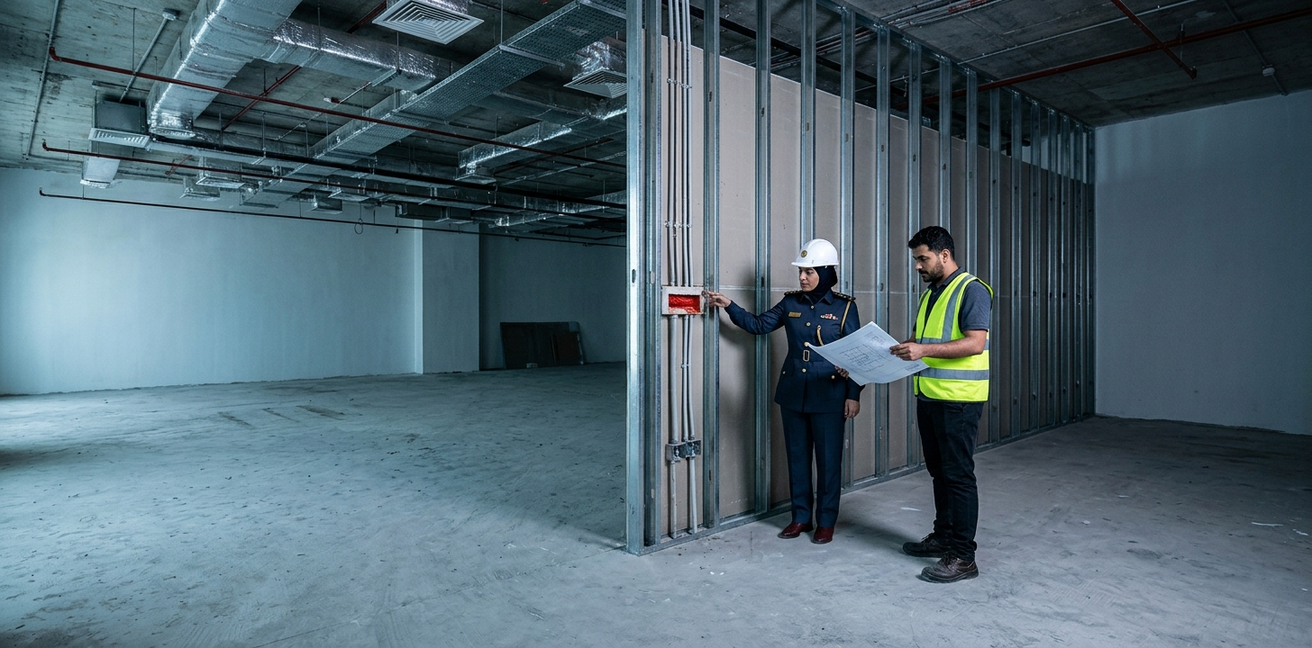 Dubai Civil Defence inspector and project manager inspecting partition framing and electrical conduits before fit-out approval