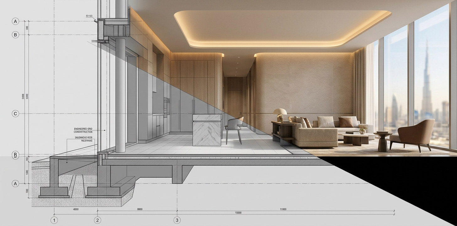 Split technical architectural section drawing transitioning into a fully furnished luxury Dubai villa living room