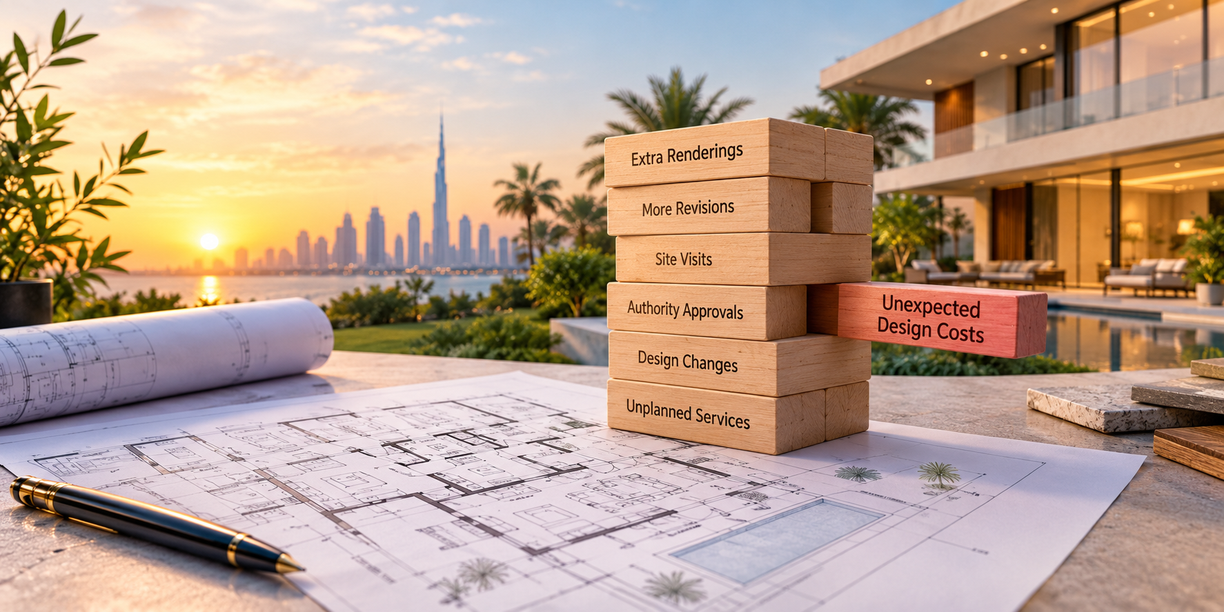 Wooden blocks representing extra renderings, design revisions, site visits and unexpected architecture design costs for a UAE villa project.