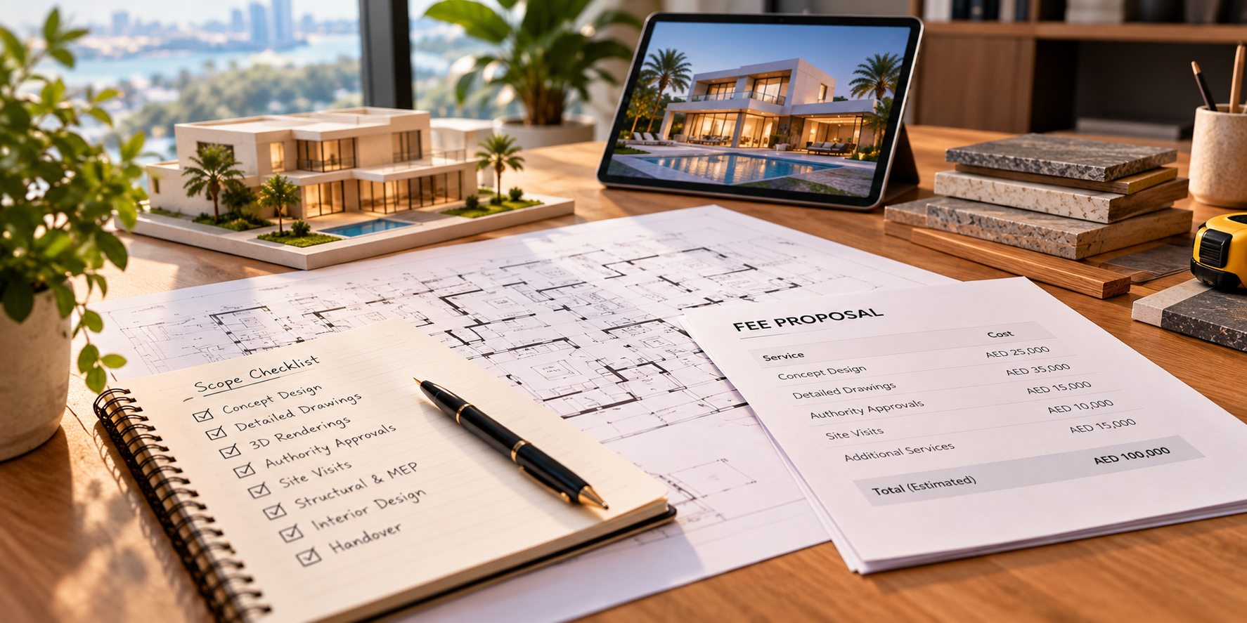 Architecture fee proposal and scope checklist showing design drawings, 3D renderings, authority approvals, site visits and additional services.