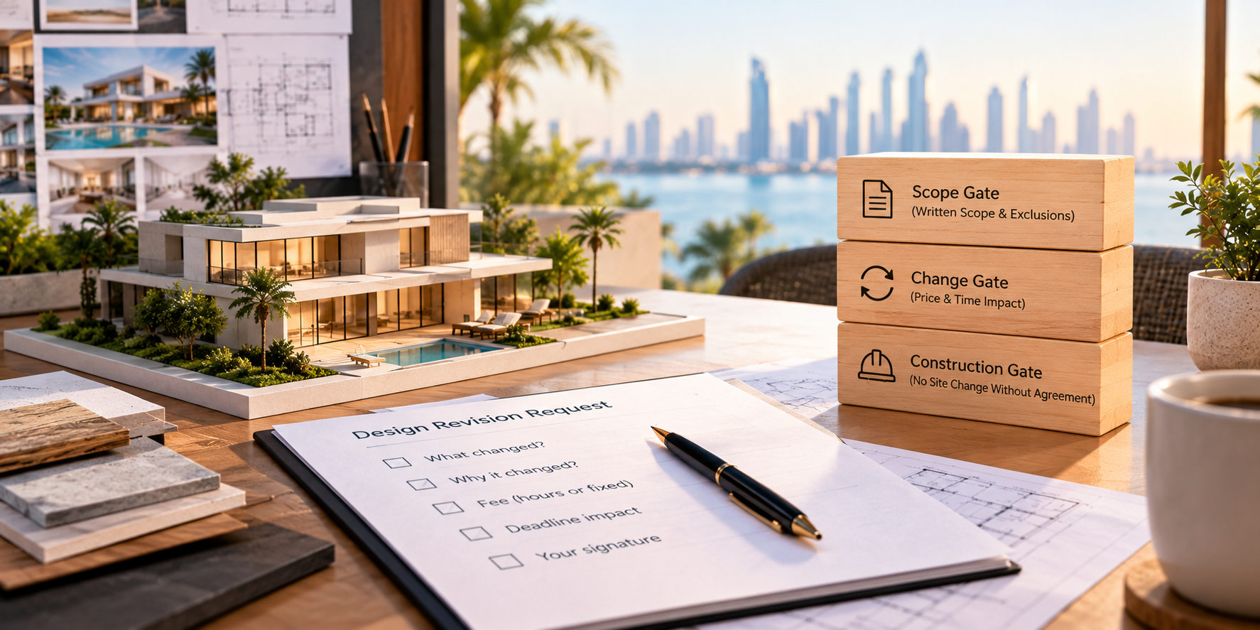 Architecture design revision process showing scope approval, written change requests, fee and timeline impact, and construction-stage approval.
