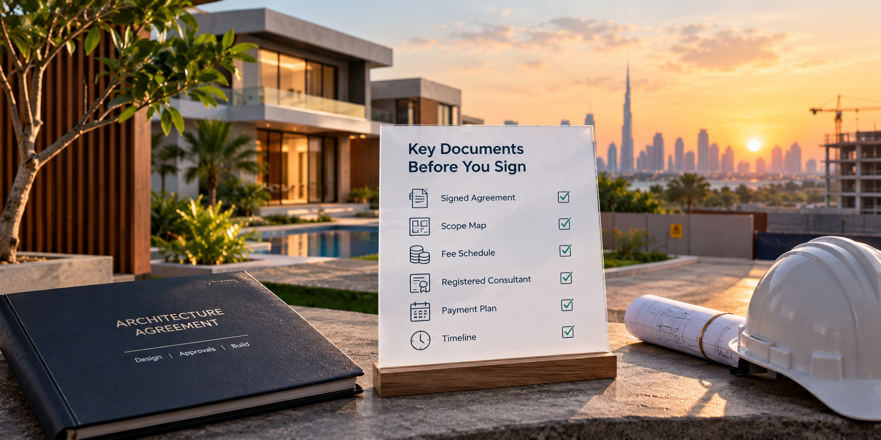 Essential documents to check before hiring an architecture firm, including the signed agreement, scope map, fee schedule, registered consultant and payment plan.